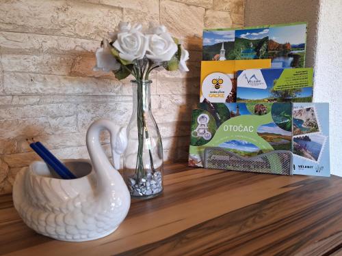 a vase with flowers and a book on a table at Apartment Nina-bazen-klima-parking in Otočac