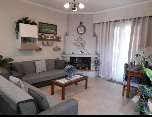 a living room with a couch and a table at Ενοικιαζόμενο Διαμέρισμα in Lygia