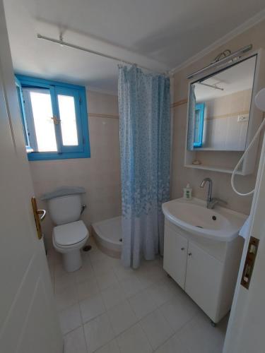 a bathroom with a toilet and a sink and a mirror at Milithos Apartments 1 in Adamantas