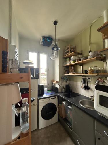 une cuisine avec un évier et une machine à laver dans l'établissement Appartement Porte de Versailles, à Vanves