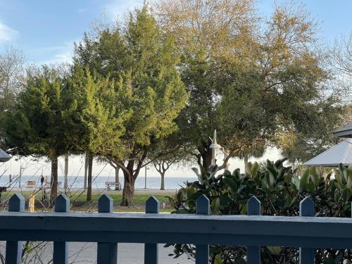 a blue fence with trees on the beach at Unit 125 at Park Place in Cedar Key, FL in Cedar Key
