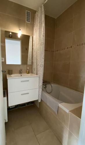 une salle de bain avec une baignoire et un lavabo et une baignoire dans l'établissement Beau Studio Cosy et calme - face à la gare de Rosny-sous-Bois - 20mn de Paris et Disneyland, à Rosny-sous-Bois