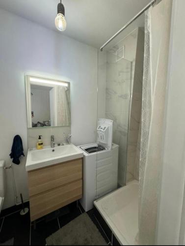 une salle de bain blanche avec un lavabo et une douche dans l'établissement Studio paris 13, à Paris
