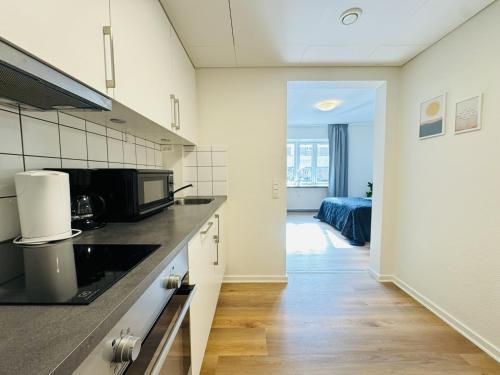 a kitchen with a counter top and a room with a bed at aday - Beautiful and Cozy Studio Apartment in Aalborg