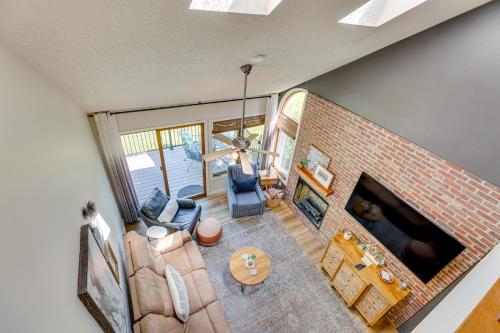 an overhead view of a living room with a brick fireplace at Indoor Pool Access and Deck Galena Family Getaway! in Galena