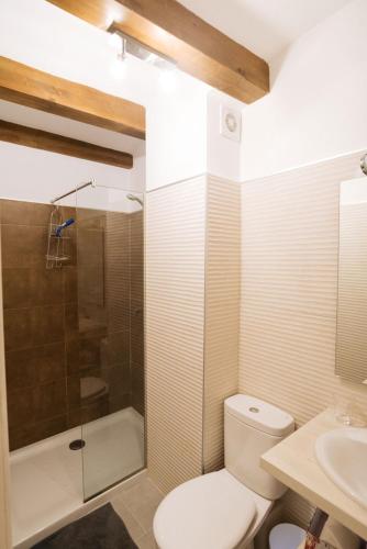 a bathroom with a toilet and a shower and a sink at La Reja in La Fresneda