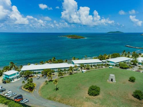 an aerial view of a resort near the ocean at Tamarind Reef Resort Spa & Marina in Christiansted