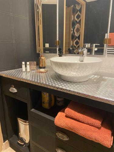 La salle de bains est pourvue d'un lavabo blanc et d'un miroir. dans l'établissement Chez Val et Tonio, à Rennes