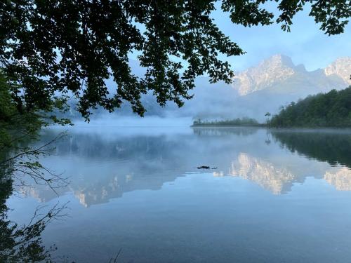 a view of a lake with mountains in the background at Haus der Achtsamkeit in Grünau im Almtal