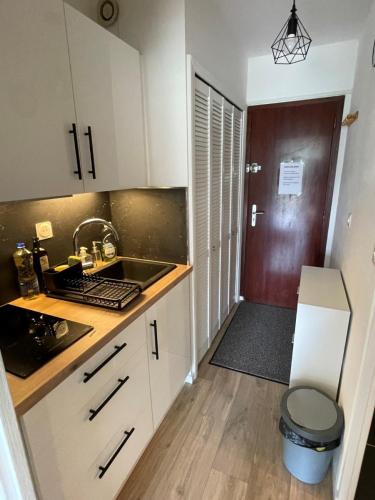 una cucina con armadi bianchi, lavandino e porta di Cosy studio 25 m2 orienté sud entièrement rénové a Prénatier