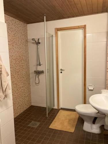 a bathroom with a shower and a toilet and a sink at Paritalon huoneisto in Raahe