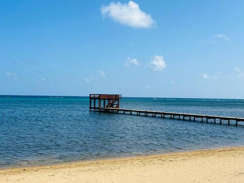 a pier in the water next to a beach at Blue Paradise House Roatan in Roatan