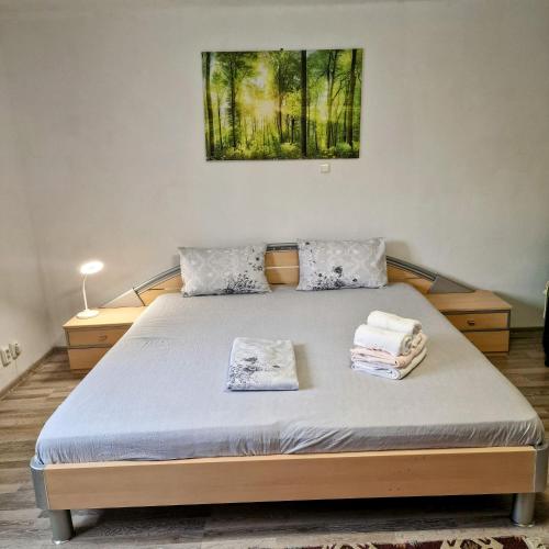 a bedroom with a bed with two towels on it at Seventeen -Apartament la casa in Arad