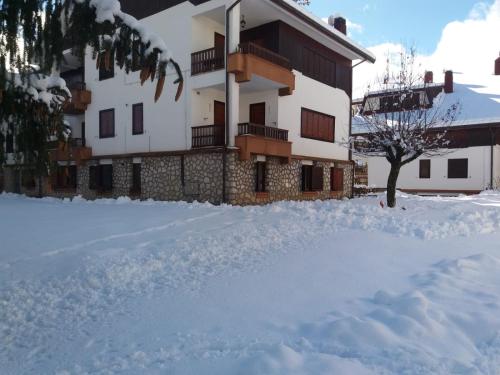 a building with snow in front of it at Residence Dei Medici-La casa nel parco in Pescasseroli
