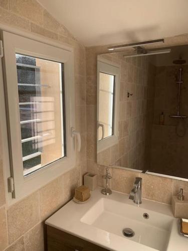 une salle de bain avec un lavabo et un miroir dans l'établissement Beautiful AC house with swimming pool Aix center, à Aix-en-Provence