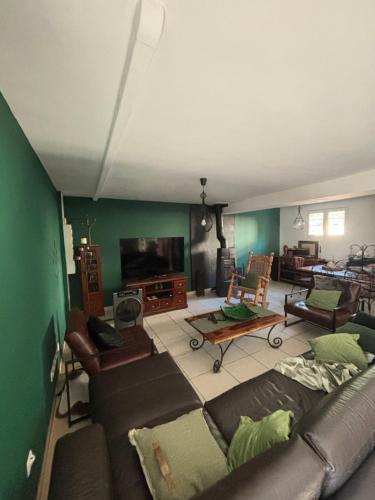 un salon avec un canapé et une télévision à écran plat dans l'établissement Villa entière pour famille, à Aramon