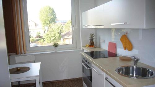 eine weiße Küche mit einem Waschbecken und einem Fenster in der Unterkunft Apartment Hochbründl in Mödling