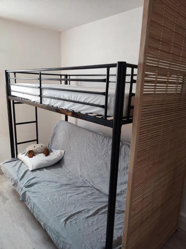 - une chambre avec 2 lits superposés avec un chien sur un oreiller dans l'établissement Agréable appartement avec vue mer, à Carqueiranne