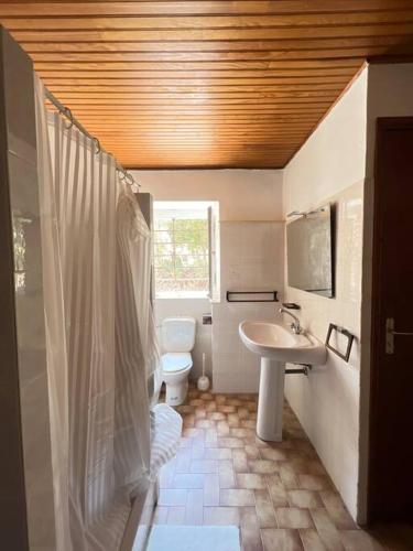 une salle de bain avec un lavabo et des toilettes dans l'établissement Charmante maison à louer, à Bastelicaccia