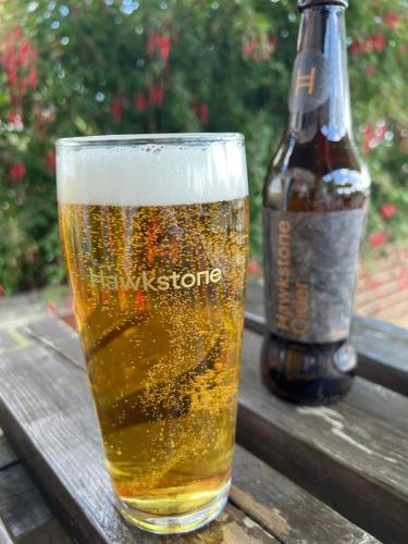 a glass of beer sitting on a table next to a bottle at The Shoulder at Hardstoft in Hardstoft