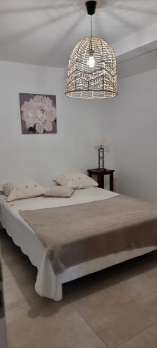 - une chambre avec un grand lit et une lampe pendant dans l'établissement Dépendance 90m2 dans villa avec piscine, à Carcassonne