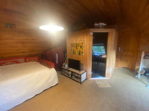 - une chambre avec un lit et une télévision dans une cabine dans l'établissement chambre spacieuse avec sauna, à Vern-sur-Seiche