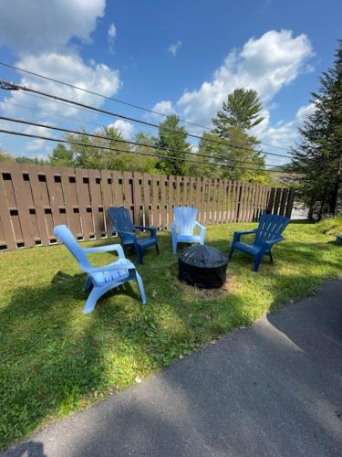 three blue chairs sitting in the grass next to a fence at At the Start of It All in McHenry