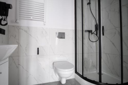 a bathroom with a toilet and a glass shower at Dream Aparts - Wschodnia 34 in Łódź
