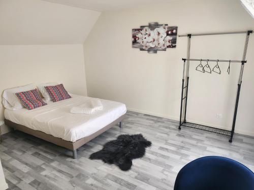 une chambre avec un lit et un chien allongé sur le sol dans l'établissement Villa 3 chambres avec beau et spacieux jardins AV et AR, à Pierrelaye