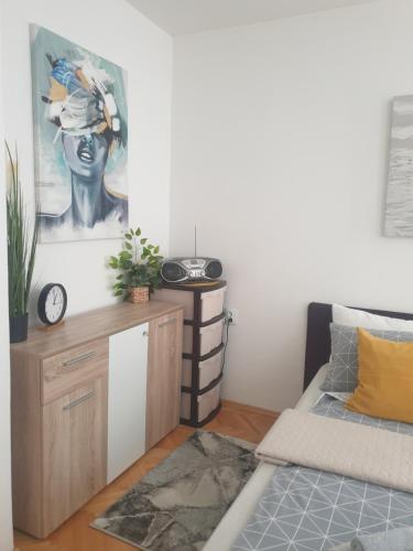 a living room with a bed and a painting on the wall at Despot Apartmani Niš in Niš