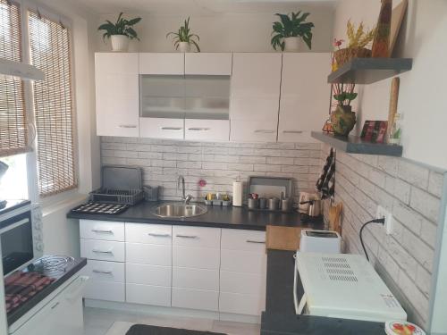 a kitchen with white cabinets and a sink at Despot Apartmani Niš in Niš