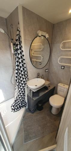 a bathroom with a sink and a toilet and a mirror at Glamping DiDille in Drusti