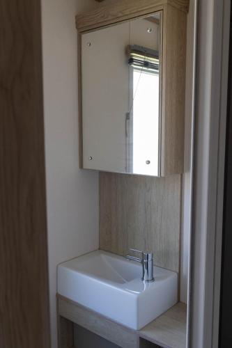 a bathroom with a white sink and a mirror at Hiba Luxury Lodge At Parkdean Cayton Bay Holiday Park in Scarborough