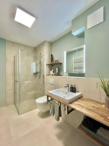 a bathroom with a sink and a toilet and a shower at Rooftop Apartment,Business trip,Fast Internet in Schönefeld