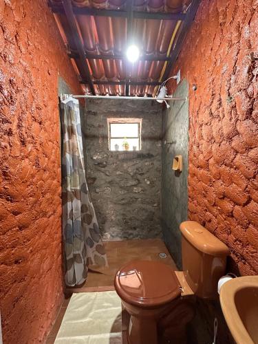 a bathroom with a toilet and a sink and a window at Recanto Bela Vista Igatu in Igatu