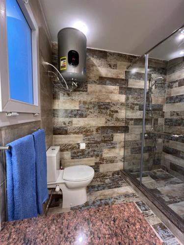 a bathroom with a toilet and a shower at Nubian Village by the Sea in Alexandria