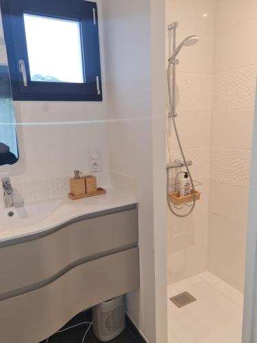 un baño con ducha y lavabo en Escale à Kergrenn, en Fouesnant