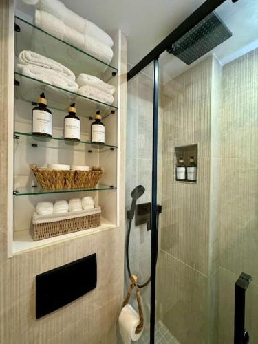 La salle de bains est pourvue d'une douche, de serviettes et d'une cabine de douche en verre. dans l'établissement Le Cocon des Sablons - Tour Eiffel Champs Elysées, à Paris