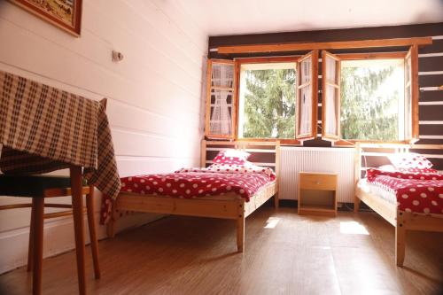 a room with two beds and two windows at Chalupa Bílá Desná in Jablonec nad Nisou