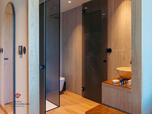 a bathroom with a sink and a glass shower door at Barrilario Douro Wine Hotel e Spa - Quinta São Jose do Barrilario in Armamar