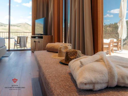 a living room with a couch and a large window at Barrilario Douro Wine Hotel e Spa - Quinta São Jose do Barrilario in Armamar