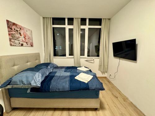 una camera da letto con un letto, una TV e una finestra di City Ferien Wohnungen 4 a Rosenheim