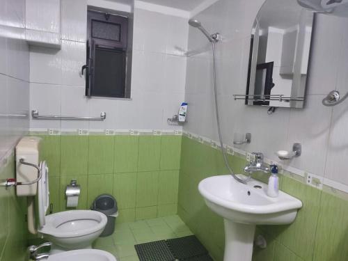 a green and white bathroom with a toilet and sink at Norga Apartments Shkoder in Shkodër