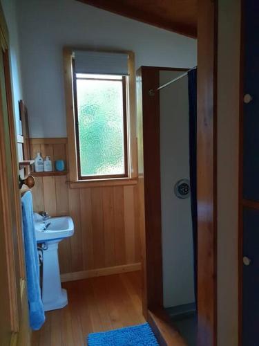 a bathroom with a shower and a sink and a window at Blue Cottage in Pohara