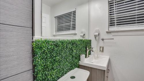 a bathroom with a green wall next to a sink at Holiday 4BR 2BA Home with Pool, Hot Tub, Fire Pit in Irving