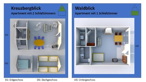 two views of a floor plan of a house at Ferienhaus Rhön-Auszeit in Bischofsheim an der Rhön