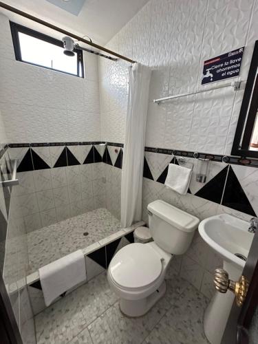 a bathroom with a toilet and a sink at Hotel La Liria in Macas