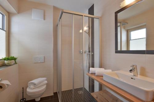 een badkamer met een douche, een toilet en een wastafel bij Apart Geisler in Mayrhofen