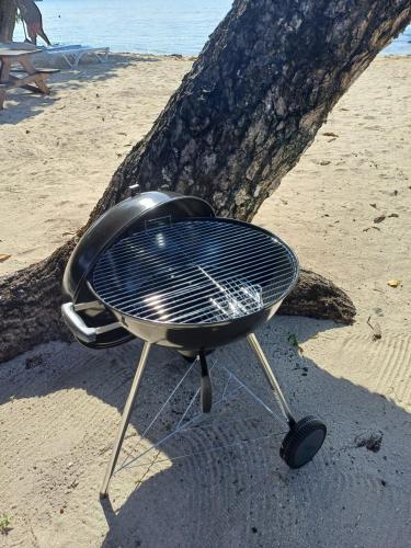 a grill sitting on the beach next to a tree at Villa VAIROARII Moorea in Afareaitu