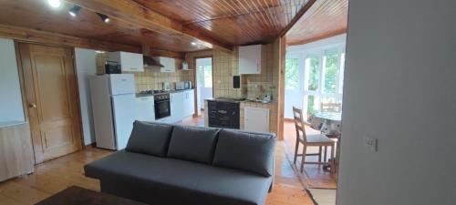 a living room with a couch and a kitchen at Casa do Outeiro de Aguil in Castro Caldelas